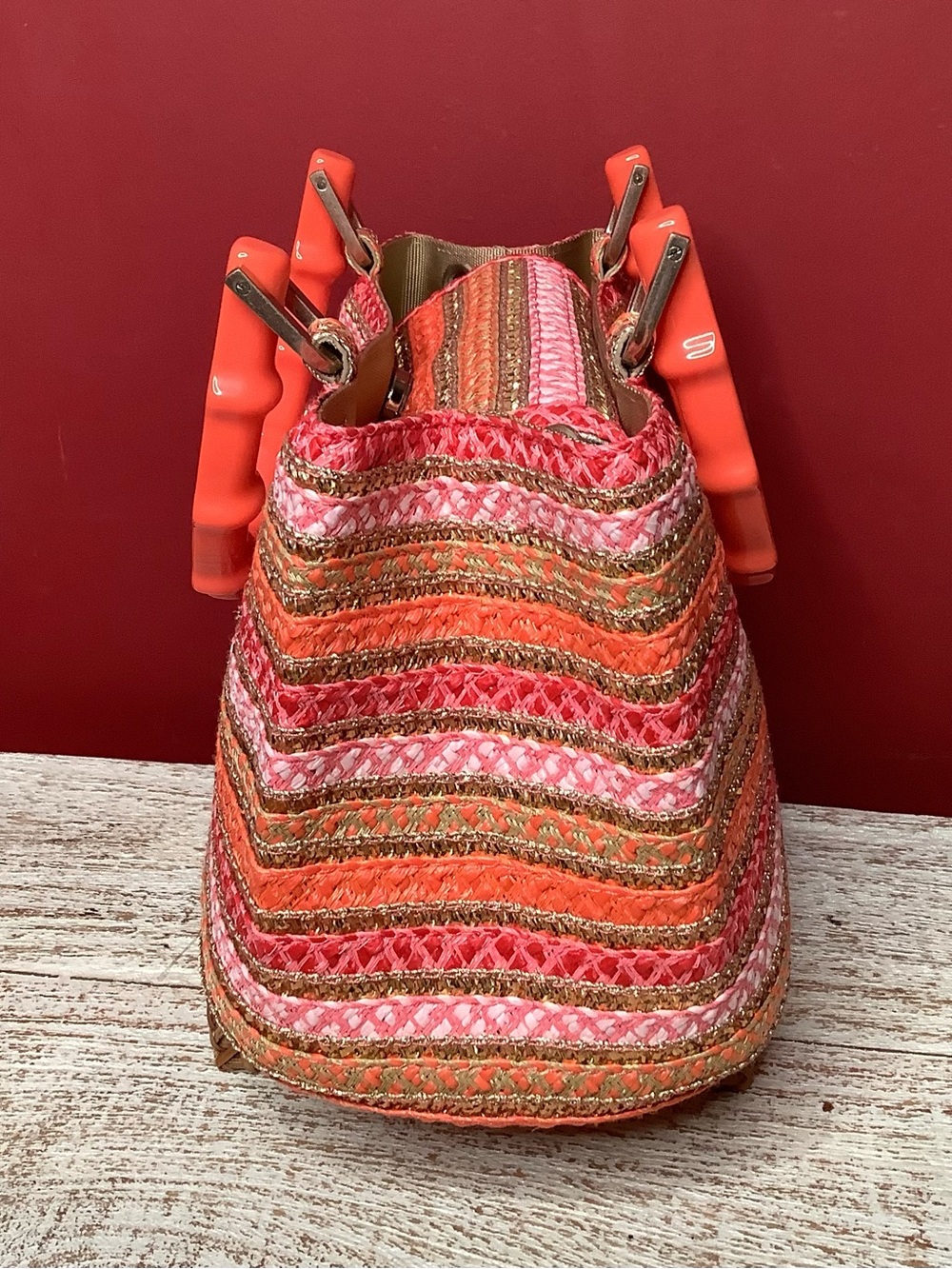 Eric Javits LEILA Coral Pink Striped Woven Satchel Crossbody Bamboo Handle Bag - Picture 5 of 16